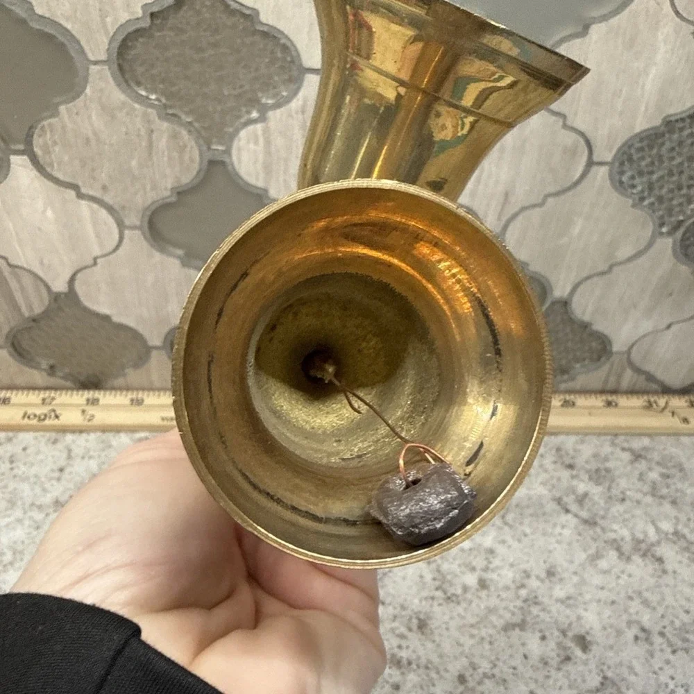 Vtg Enesco India Solid Brass Double Hand Bell Ornate Feather Handle 8.5